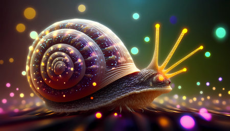Closeup of a fantastic glowing snail. Created with generative AI.の素材