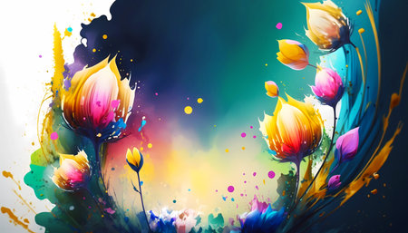 Blooming tulips on a blurred background. colorful composition. Created with generative AI.の素材