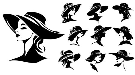 Vector set of silhouettes of women in a hat.のイラスト素材