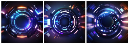 Collection of dark tech radial abstract backgrounds in blue and red tones. Created with generative AI.の素材