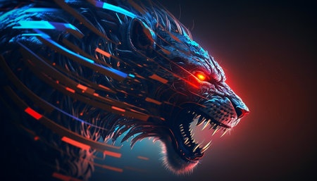 Futuristic feline beast on a dark red background. Created with generative AI.の素材