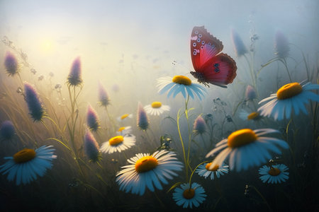 Foggy summer morning meadow with butterfly on camomile flower.Generative AI.の素材