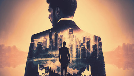 Double exposure illustration of successful businesman against city.Generative AI.の素材