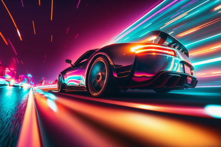 A sports car rushing into the distance against a backdrop of blurry neon lights.Generative AI.の素材