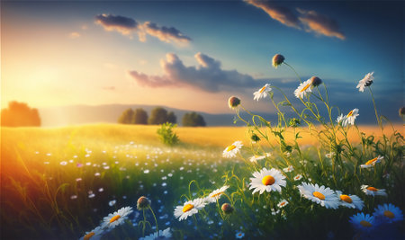 Summer chamomile meadow at sunset. Rustic landscape. Generative AI.の素材