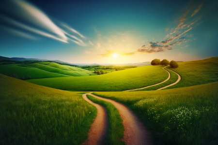 Rural pastoral evening landscape with the road running into the distance.Generative AI.の素材