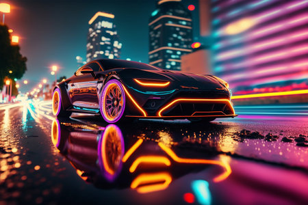 Clouse-up illustration of glowing sportcar against neon lighting streets.Generative AI.の素材