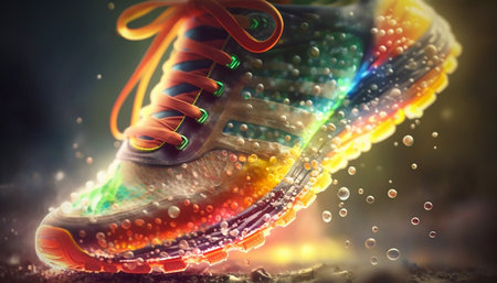 Close-up of a colorful sneaker that splashes water while running. Created with generative AI.の素材