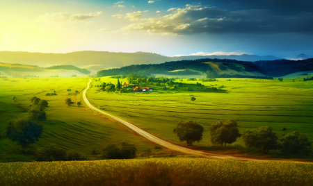Rural pastoral summer landscape with the road running into the distance.Generative AI.の素材