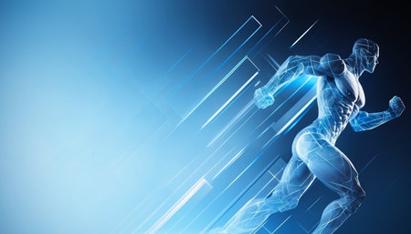 Light blue background with a running athlete. Created with generative AI.の素材