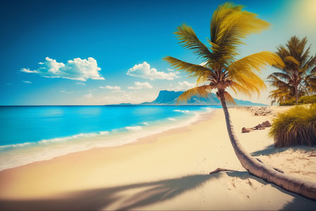 Beautiful tropical beach with perfect sand and lying palm.Generative AI.の素材