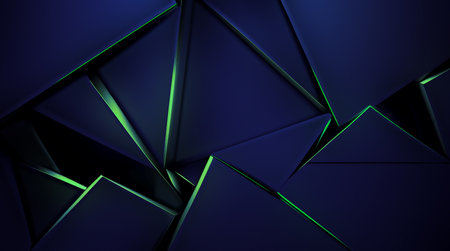 Dark blue polygonal background with green backlight. Generative AI.の素材