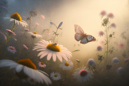 A butterfly with daisies in a clearing on a foggy morning. Generative AI.の素材