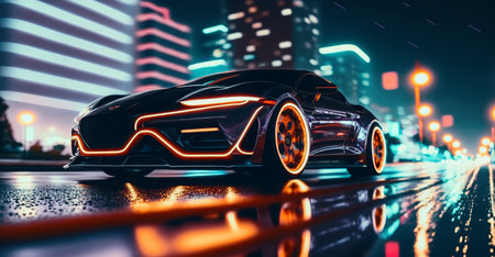Futuristic sports car brightly lit by night neon lights. AI generated.の素材