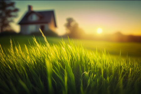 Lush green grass on the backdrop of a rural landscape with a cottage. Generative AI.の素材