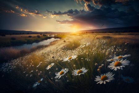 Summer field with wild camomiles against the sunset. Generative AI.の素材