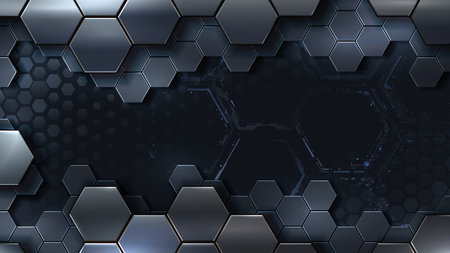Dark metallic futuristic composition with hexagonal structures.のイラスト素材