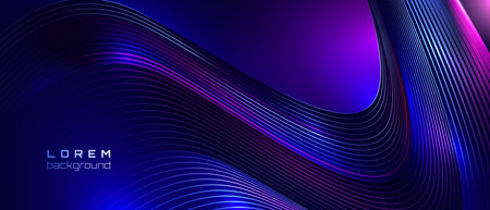 Futuristic dark abstract background with dynamic glowing wavy lines in blue and purple hues. Perfect for technology, digital concepts, and modern designs.のイラスト素材