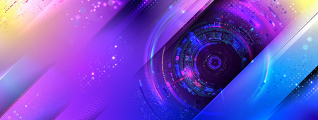 Dynamic futuristic techno background with a bold purple and blue color scheme, featuring intricate geometric patterns and glowing digital elements. Perfect for sci-fi projects, technology presentations, and modern web designs.のイラスト素材