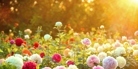 A vibrant garden of colorful peonies and hydrangeas, glowing in sunset light. Perfect for floral, wedding, or nature projects, with a warm sunlit backdrop.の素材