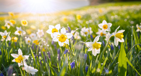 A sunny field of yellow daffodils and bluebells, shining brightly in daylight. Perfect for spring, garden, or nature themes, with a forest and sunrays backdrop.の素材