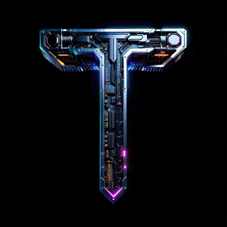 Letter T. High-tech alphabet in cyberpunk style. Perfect for any futuristic design.の素材