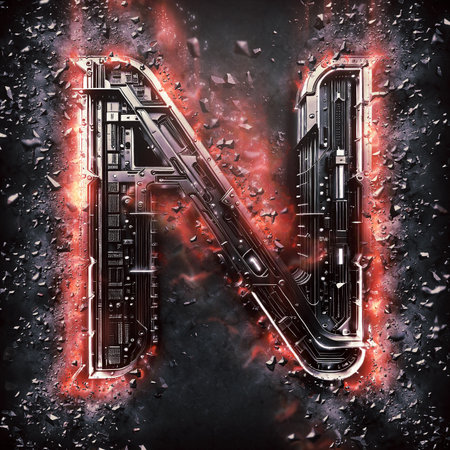 Letter N. High-tech burning alphabet in cyberpunk style. Perfect for any futuristic design.の素材