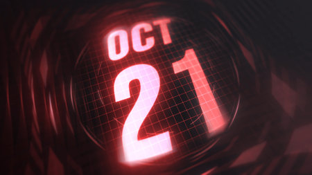 October 21st, hud calendar with neon red sign in 4k. Calendar with number and month with grid background.の写真素材