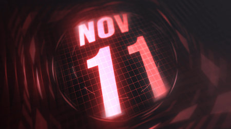 Hud calendar with neon red sign in 4k. Calendar with number and month with grid background.の写真素材