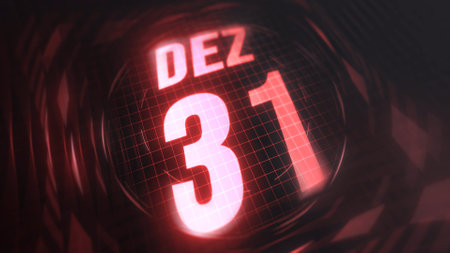 December 31st, hud calendar with neon red sign in 4k. Calendar with number and month with grid background.の写真素材