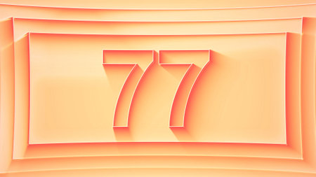 Number 77. Minimalistic embossed number with glittering lights and dynamic shading. 4k.