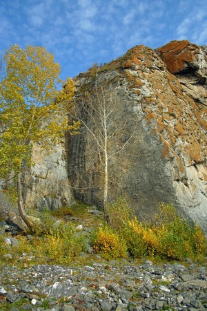 A rock on the shore of the Siberian river Tomの写真素材