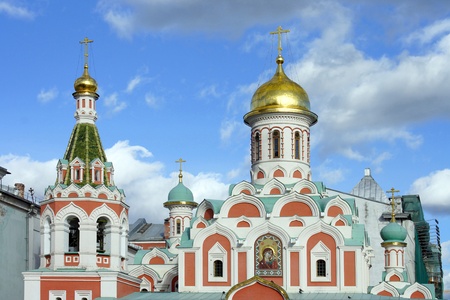 Belfry and dome of the cathedral of Our Lady of Kazan  on Red Square in Moscowの写真素材