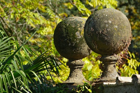 Concrete balls at the garden hedge, overgrown with mossの写真素材