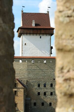 View of the tall Hermann tower in the Estonian city of Narva from the Russian Ivangorod fortressのeditorial素材