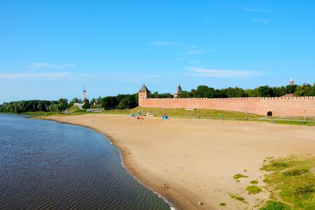 Novgorod the Great, the beach near the wall of the citadelのeditorial素材