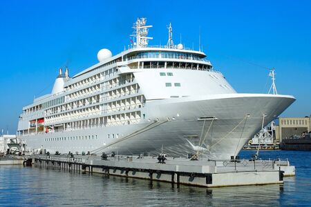 Cruise ship at berth on Lieutenant Schmidt Embankment in St. Petersburgの写真素材