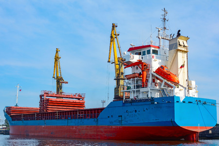 Kaliningrad, a cargo ship berthed at the seaport on the river Pregel