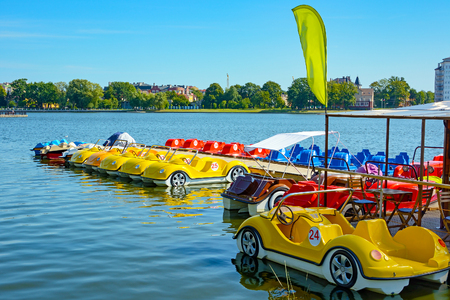 Kaliningrad, walking pedal catamarans on the pier of the Upper Pondのeditorial素材
