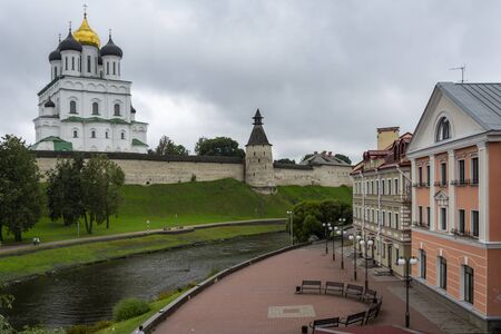 Pskov, panoramic view from the Trinity bridge over the Pskova river, Russia, an interesting tourist placeの写真素材