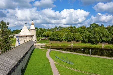 View from the Pskov Krom wall on the Pskova river, beautiful panoramic landscape