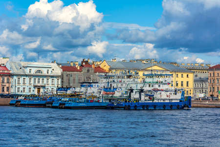Saint Petersburg, pushboats on the pier at the embankment of Lieutenant Schmidtのeditorial素材