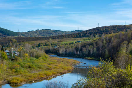 View of the Telbes river in the village of Mundybash, Gornaya Shoria, Kemerovo region-Kuzbassの写真素材