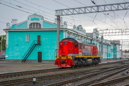 Taiga, Russia-June 14, 2020: shunting diesel locomotive at the railway station, Taiga city, Kemerovo region-Kuzbass, Russiaのeditorial素材