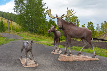 Trudarmeyskiy, Russia-22 August 2020: Statues of elk in the Park, Trudarmeyskiy, Kemerovo region-Kuzbass, Russiaのeditorial素材
