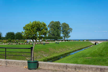 Peterhof, view from the bridge of the canal flowing into the Gulf of Finland of the Baltic Seaの写真素材