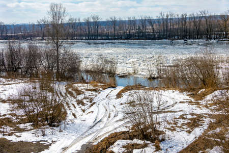 View of the Tom River in spring during an ice break, Kemerovo region-Kuzbassの写真素材