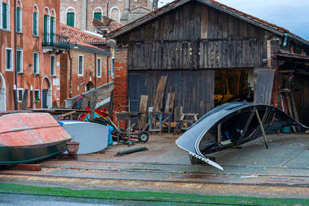 Venice, Italy- October 26, 2010: Workshop for repair of gondolas (squro di san trovaso), Venice, Italyのeditorial素材