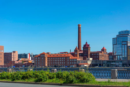 St. Petersburg, view across the Bolshaya Nevka River to the building of the former paper-spinning manufactoryの写真素材