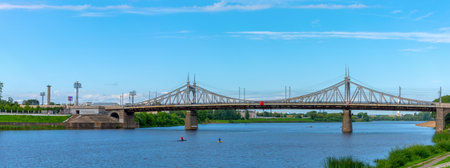 Tver, panoramic view of the Old Volga Bridge from the Afanasy Nikitin embankmentの写真素材
